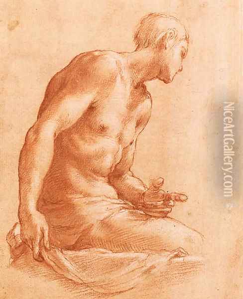 A partly draped Nude seated on a Balustrade Oil Painting - Girolamo Del Crocifissaio (see Macchietti)