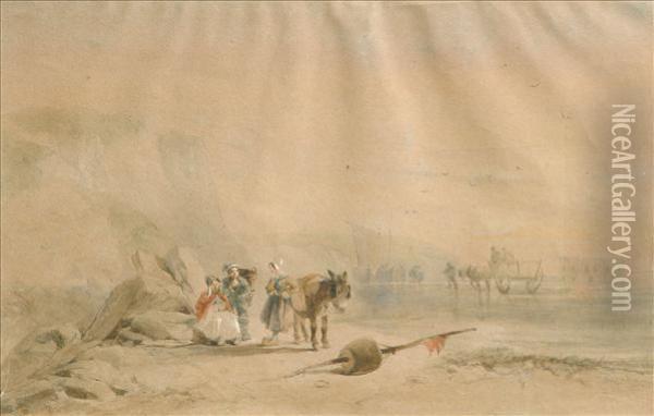 Follower Of Richard Parkes Bonington Fisherwomen Paused On The Beach Oil Painting - Richard Parkes Bonington