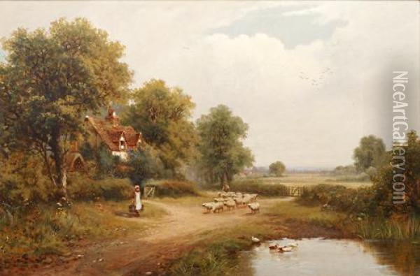 Sheep And Drover In A Country Lane Beside A Pond Oil Painting - Robert Robin Fenson