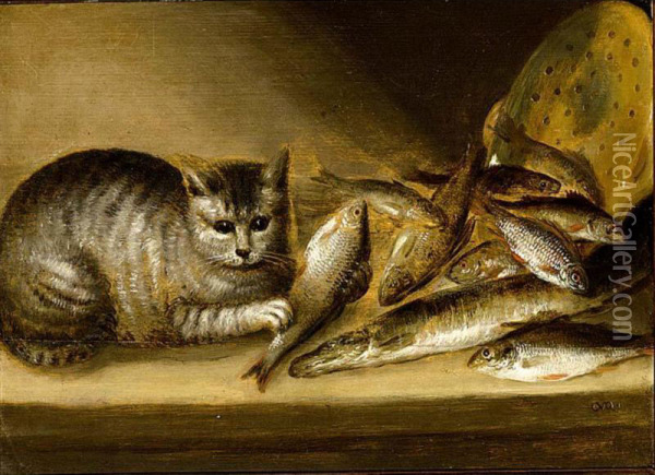 A Still Life With Fish, A Stone Ware 'zeef' And A Cat All On A Table Oil Painting - Cvq Monogrammist