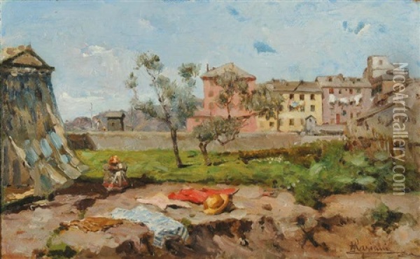 Villaggio Di Campagna Con Figure Oil Painting - Pompeo Mariani