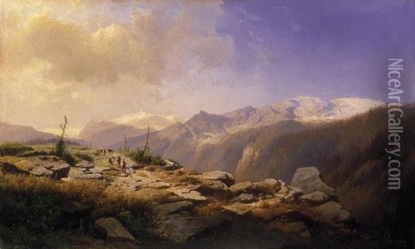 Alpine Landscape With Wanderers Oil Painting - Leopold Heinrich Voscher