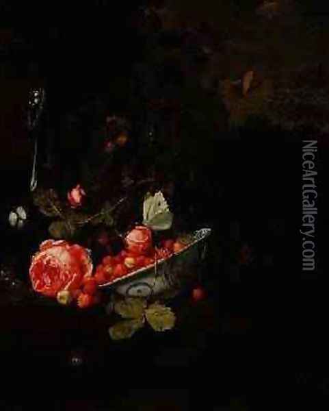 Still Life of Wild Strawberries a Rose and a Glass Bottle 1690 Oil Painting - Jan Mortel
