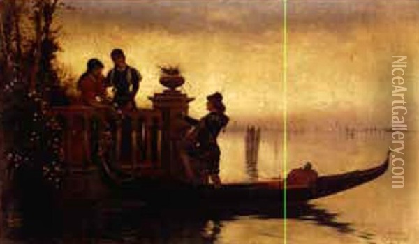 A Gondolier's Serenade At The Lido, With A View Of Venice Beyond Oil Painting - Adelchi De Grossi