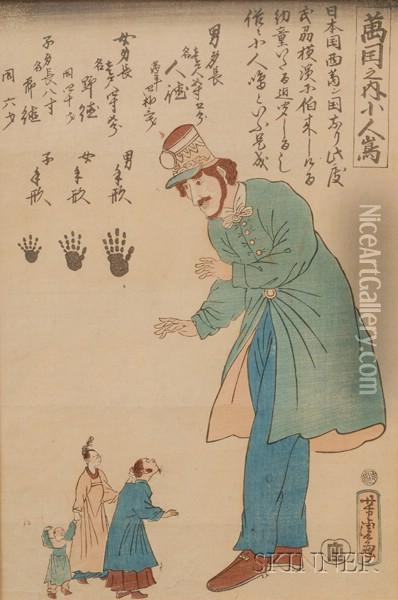 Foreigner And A Family Ofdwarfs From A Country Oil Painting - Utagawa Yoshitora
