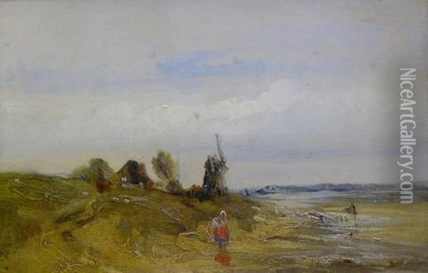 Woman In A Landscape With Windmill Beyond Oil Painting - Richard Parkes Bonington