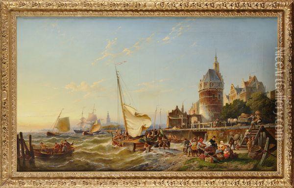 Vue Du Port De Hoorn Sur Le Zuiderzee Oil Painting - Pieter Christiaan Cornelis Dommersen