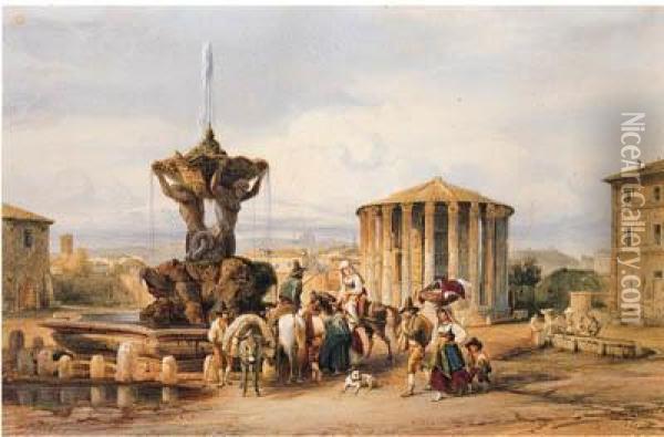 Scena Di Vita Popolare Al Tempio Di Vesta, 1851 Oil Painting - Franz Knebel
