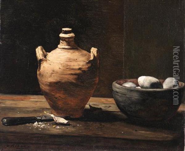 Still Life With Ceramic Jug, Eggs And Knife Oil Painting - Theodule Augustine Ribot