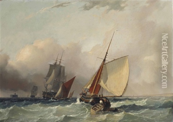 Merchant Vessels And Barges In Close Quarters Off The Coast Oil Painting - Charles Martin Powell