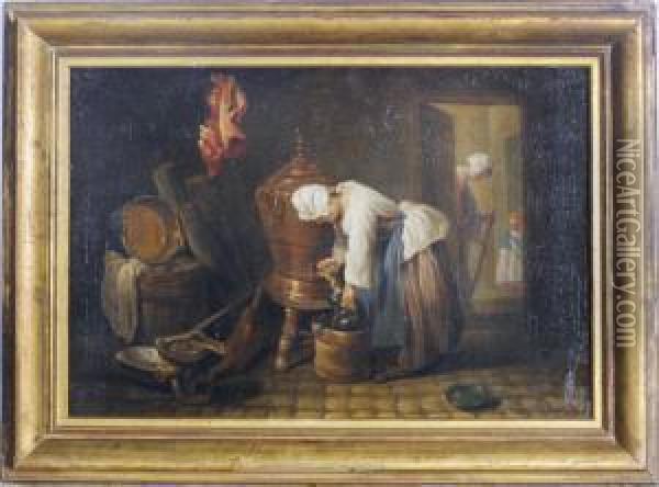 A Woman Drawing Water From A Cistern Oil Painting - Jean-Baptiste-Simeon Chardin