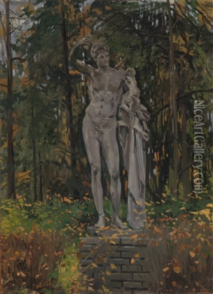 Statue Of Hermes In A Garden Oil Painting - Evgeniy Ivanovich Stolitsa