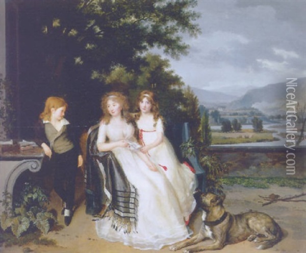 Portrait Of A Lady With Two Children And A Dog On A Terrace, An Extensive River Landscape Beyond Oil Painting - Louis Gauffier
