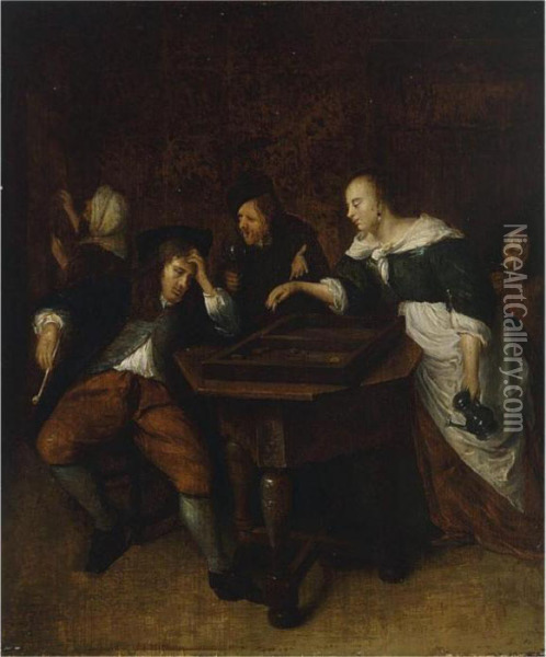 An Interior With Figures Playing Tric-trac Oil Painting - Jan Steen