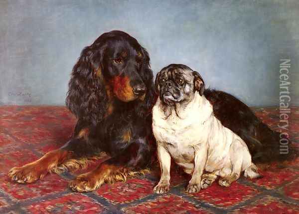 A Spaniel And A Pug Oil Painting - Otto Bache