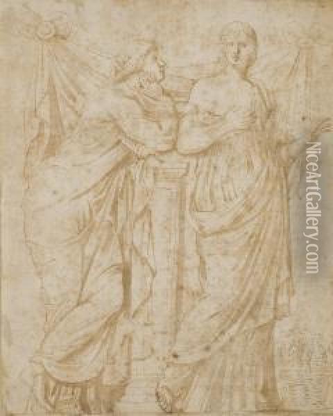 Deux Figures Feminines, D'apres Un Bas-relief Antique Oil Painting - Girolamo da Carpi