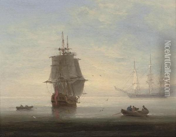 Frigates In An Early Morning Calm, One Making Ready To Put To Sea Oil Painting - Thomas Luny