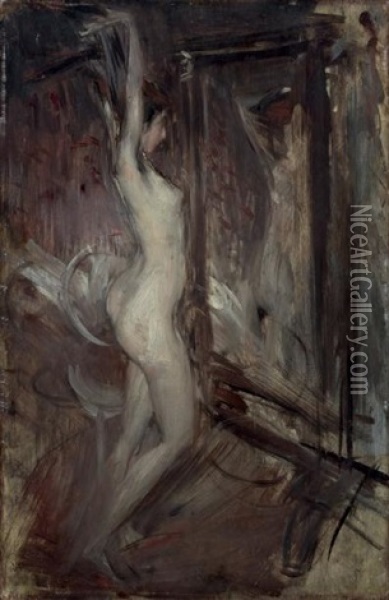 Nu Devant Un Miroir (psyche Empire) (+ Etude D'homme (study), Verso) Oil Painting - Giovanni Boldini