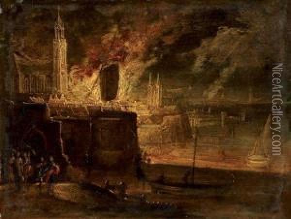 L'incendie D'une Ville Oil Painting - Daniel van Heil