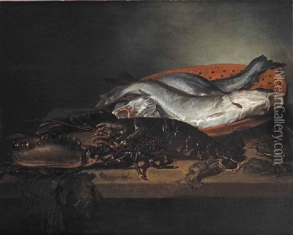 A Black Lobster, Black Crabs, Three Haddock In A Red Colander, All On A Wooden Ledge Oil Painting - Abraham Van Calraet