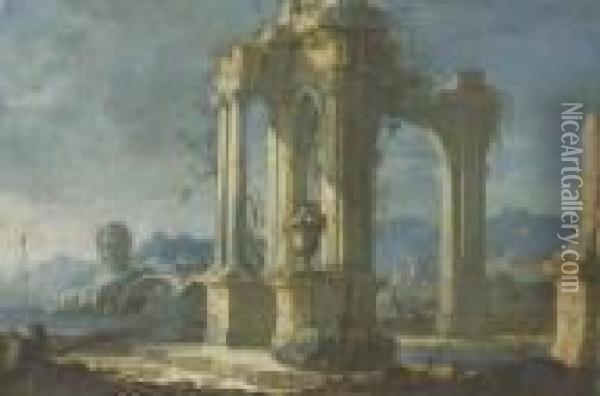 Un Temple En Ruines Pres D'un Rivage Oil Painting - Gennaro Greco, Il Mascacotta