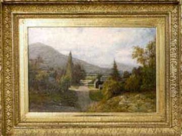 Late Summer Landscape With Houses In Mountain Setting Oil Painting - Alexander Lawrie