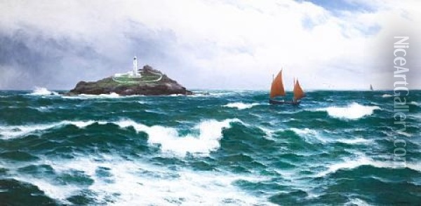Godrevey Lighthouse, St. Ives Bay, Cornwall Oil Painting - David James