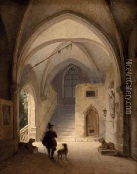 Adeliger In Gotischer Schlosshalle Oil Painting - Georg Pezolt