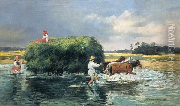 Przeprawa Przez Brod, 1906 R. Oil Painting - Tadeusz Rybkovski