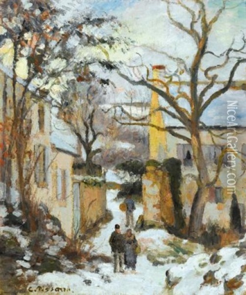 La Maison Rondest Sous La Neige, Pontoise Or Chemin De L'hermitage, Pontoise, Sous La Neige Oil Painting - Camille Pissarro