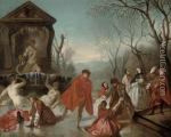 Winter: Skaters In A Winter Landscape Oil Painting - Nicolas Lancret