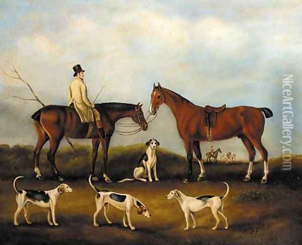 A huntsman on horseback with hounds in a landscape Oil Painting - English School