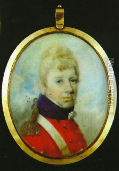 A Portrait Of John Mackintosh In Red Uniform With Gold Epaulettes And White Crossbelt, Blue Collar And White Shirt Oil Painting - Richard Cosway