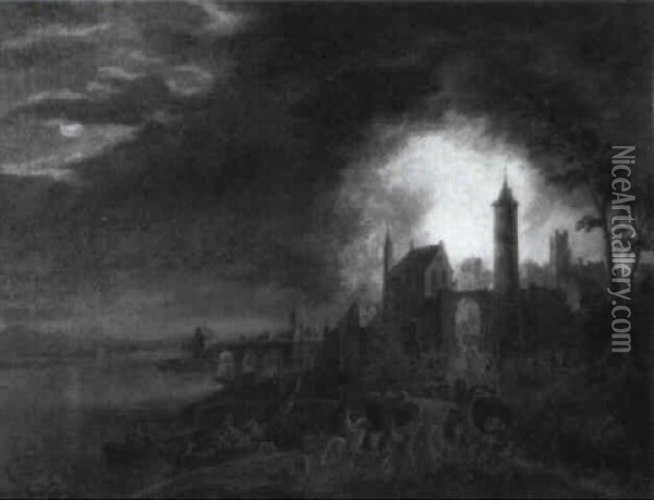 Towns On Fire At Night Oil Painting - Daniel van Heil