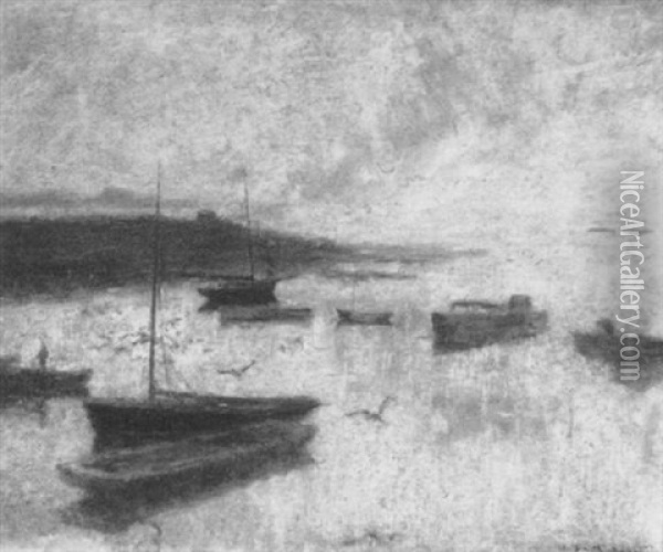 Boats In A Harbor (connecticut?) Oil Painting - Augustus Smith Daggy