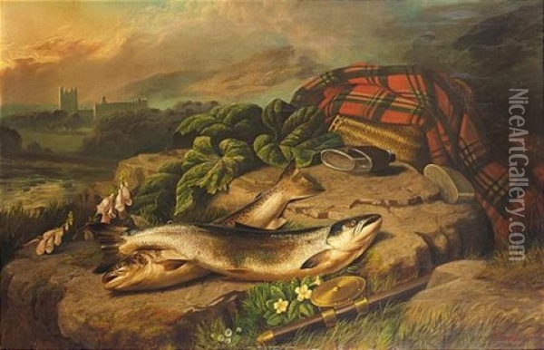 Salmon On The Banks Of The Dee With Balmoral In The Distance Oil Painting - John Bucknell Russell