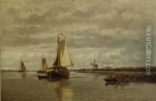 A Calm: A Hay Barge On A River Oil Painting - Hendrik Hulk