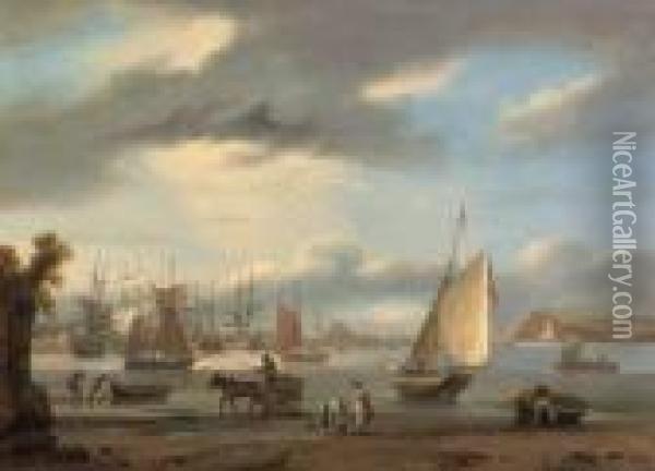 A View Of Teignmouth, Devon With Shipping And Fisherfolk Oil Painting - Thomas Luny