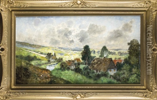 Groses, Stimmungsvolles Landschaftsstuck Mit Einer Siedlung In Hugeliger Landschaft Oil Painting - Karl Heffner
