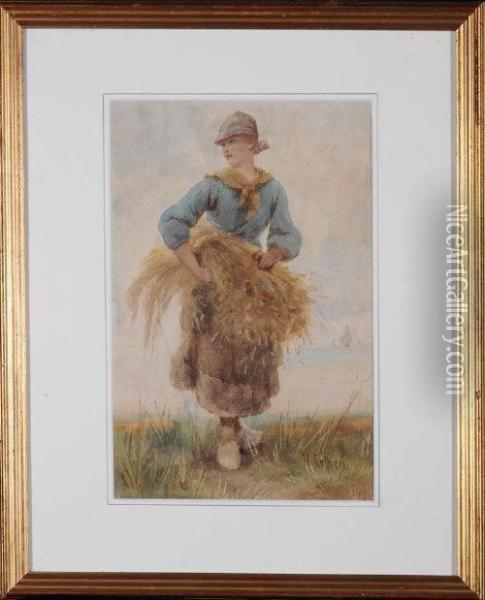 A Farm Girl Carrying A Sheath Of Corn Oil Painting - Hector Caffieri