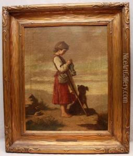 Girl On Shore With Dog Oil Painting - Louis Pisani