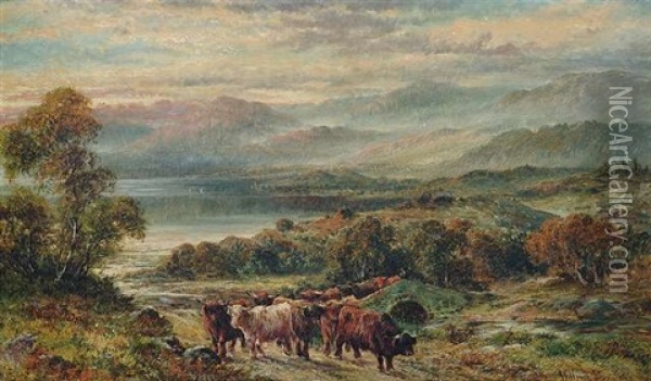 Rinderherde Beim Uberqueren Einer Brucke In Den Highlands Oil Painting - William Langley
