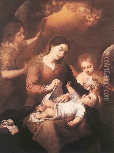 Mary and Child with Angels Playing Music 1675 Oil Painting - Bartolome Esteban Murillo