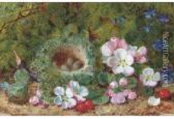 Apple Blossom, Berries And A 
Bird's Nest With Eggs On A Mossy Bank;and Grapes, Raspberries And 
Greengages On A Mossy Bank Oil Painting - George Clare