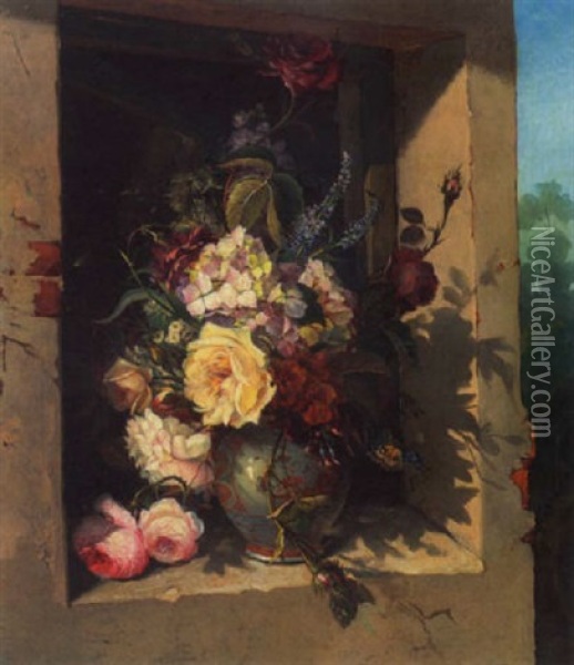 Vase Mit Hortensien Und Rosen Im Fenster Oil Painting - Gerardina Jacoba van de Sande Bakhuyzen