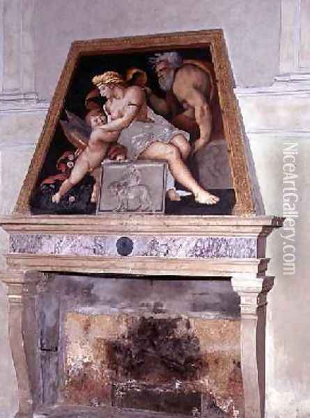 Venus Vulcan and Cupid fresco above a fireplace Oil Painting - Lorenzo Leonbruno