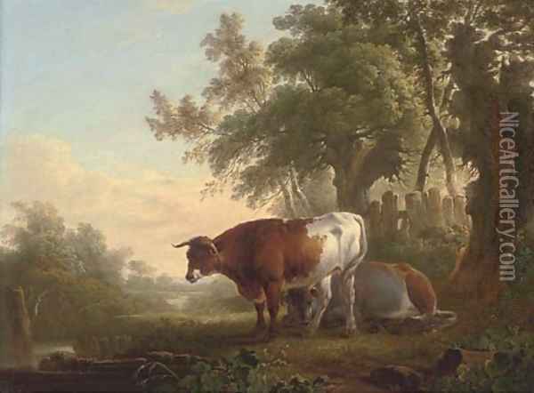 Cattle on a riverbank Oil Painting - Charles Towne