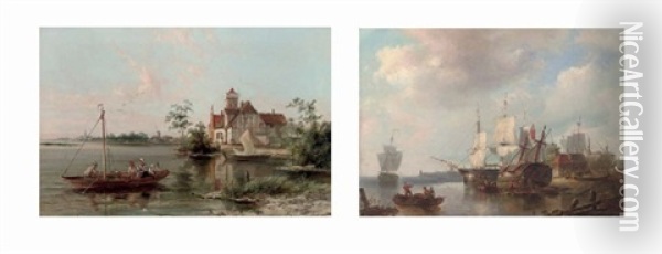 Monnickendam On The Scheldt, Holland (+ Dordrecht, Holland; Pair) Oil Painting - William Raymond Dommersen