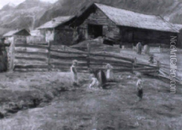 Spielende Kinder Vor Einem Tiroler Dorf Oil Painting - Knud Erik Larsen