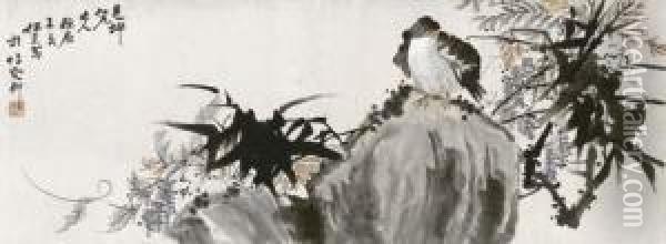 Wisteria And Bird Oil Painting - Ren Xun